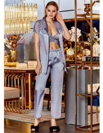 Jeremi 4024-3 Saten Dantelli Dörtlü Pijama Takım resmi