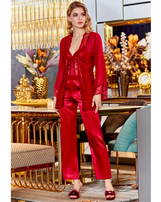 Jeremi 4057-2 Üçlü Saten Pijama Takım resmi