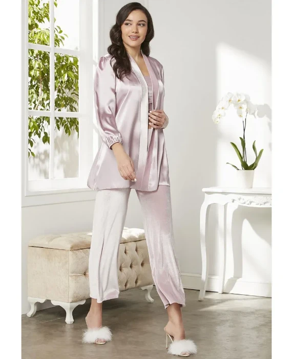 Pierre Cardin 2050 Kadife Saten Sabahlıklı Pijama Takım resmi