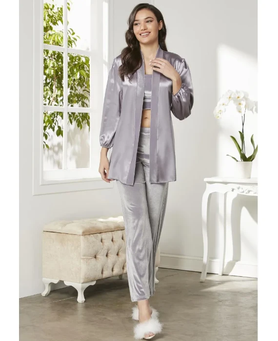 Pierre Cardin 2050-3 Kadife Saten Sabahlıklı Pijama Takım resmi
