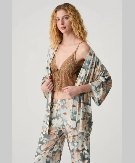 Catherine's 20301 Dantel Büstiyerli 3'lü Sabahlık Pijama Takımı resmi