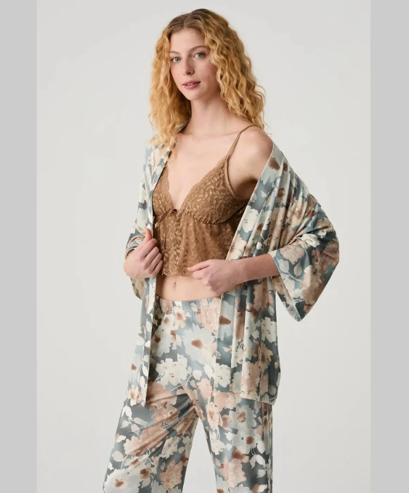Catherine's 20301 Dantel Büstiyerli 3'lü Sabahlık Pijama Takımı resmi