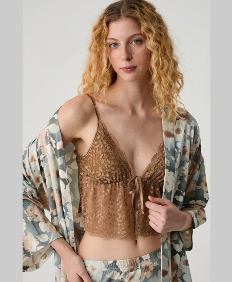 Catherine's 20301 Dantel Büstiyerli 3'lü Sabahlık Pijama Takımı resmi