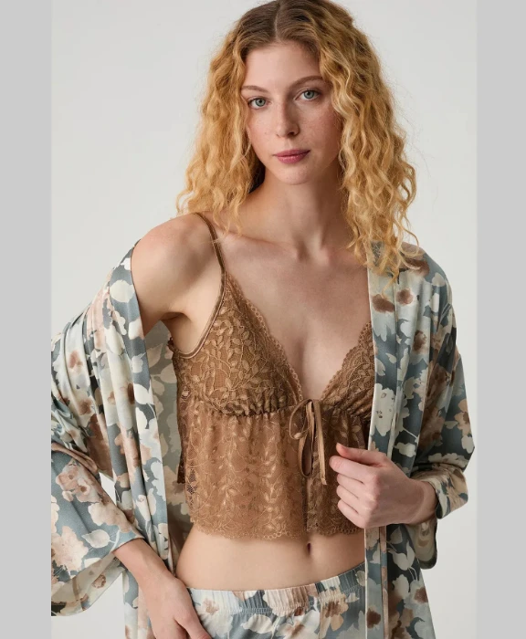 Catherine's 20301 Dantel Büstiyerli 3'lü Sabahlık Pijama Takımı resmi