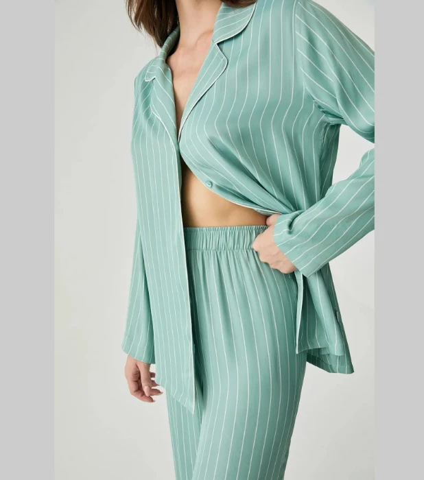 Penye Mood 2054 Saten Dokulu Düğmeli Pijama Takımı - Yeşil resmi