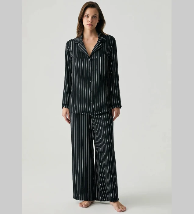 Penye Mood 2054 Saten Dokulu Düğmeli Pijama Takımı - Siyah resmi