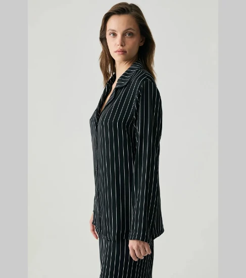 Penye Mood 2054 Saten Dokulu Düğmeli Pijama Takımı - Siyah resmi