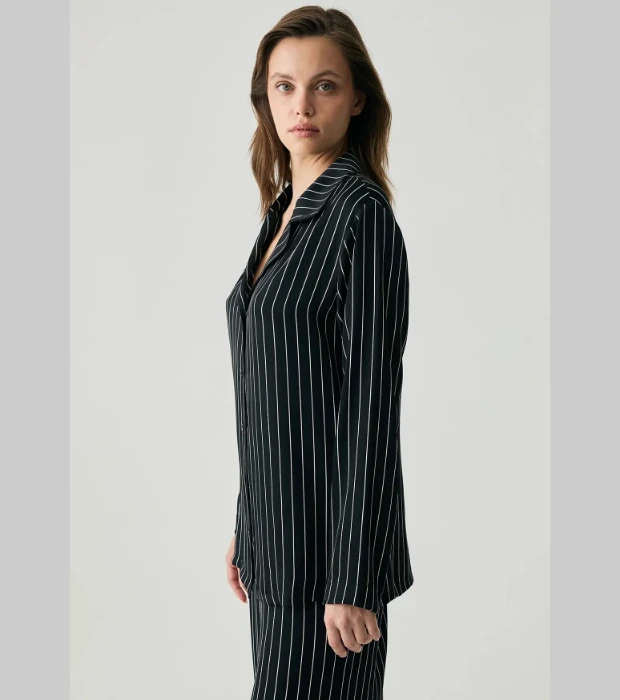 Penye Mood 2054 Saten Dokulu Düğmeli Pijama Takımı - Siyah resmi