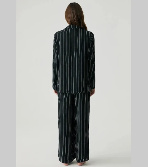 Penye Mood 2054 Saten Dokulu Düğmeli Pijama Takımı - Siyah resmi