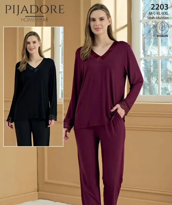 Pijadore 2203 Uzun Kollu V Yaka Pijama Takımı resmi