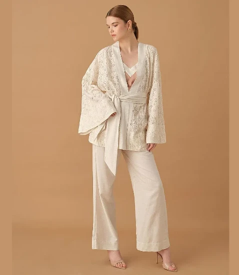 Pierre Cardin LX25232 Kadın Keten Kimonolu Pijama Takımı resmi