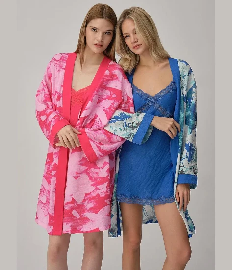 Pierre Cardin LX25222 Vegan İpek Saten Kadın Gecelik Sabahlık Takımı resmi